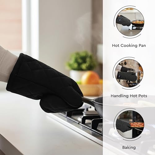 Image of Encasa XO 100% Cotton Apron Set for Women & Men with Adjustable Apron, Oven Gloves & Pot Holder (Pack of 3) Combo, Heat-Resistant, Soft & Durable for Cooking, Baking & Grilling (Full Black)