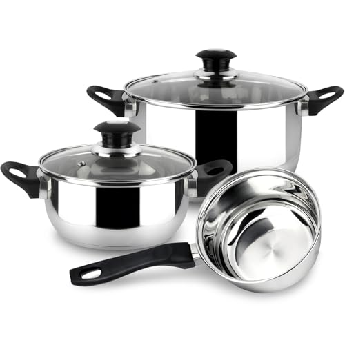 Magefesa Family - Juego de Cocina, Acero Inoxidable, 5 Piezas, Incluye 2 Cacerolas + Cazo + 2 Tapas de Vidrio, Todo tipo de Cocinas, Induccion