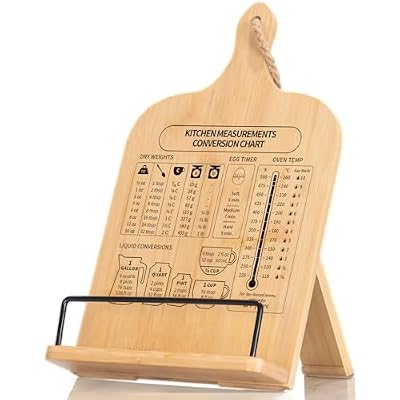 Bamboo Cookbook Stand, Sturdy Cook Book Holder, Recipe Book Holder with Measurement Conversion Chart, Cookbook Stand for Kitchen Counters, Essential Accessories for Holding Cookbooks