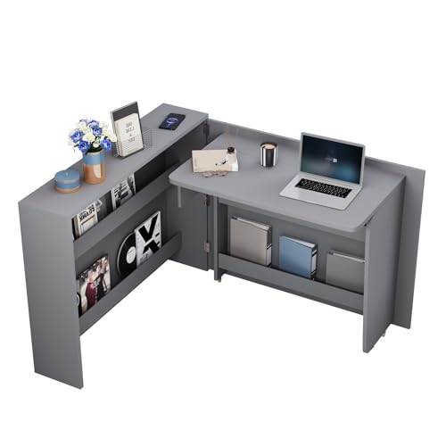ZHOMGG Bureau Pliant 115x27x93 cm – Buffet Brillant 2 en 1 avec Chargeur sans Fil, Bureau d'angle à roulettes, Table Escamotable, pour Salon ou Chambre...