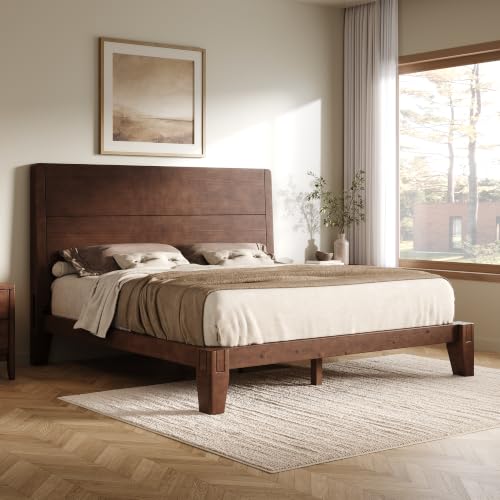 Image of AMERLIFE Solid Wood Queen Bed Frame with Headboard, Japanese Joinery,Walnut