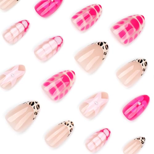 24Pcs Cute Almond Press on Nails Short Fake Nails with Flower Star Pattern Design Leopard French Tip Press on Nails Artificial Flower Nails Press ons Pink Full Cover Stick on Nail for Women