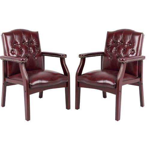 Oakestry Ivy League Set of 2 Executive Guest Chair in Burgundy Vinyl Wood Frame Office Visitor Dual Chair with Mahogany Finish Comfortable Reception Seating for Office or Waiting Room