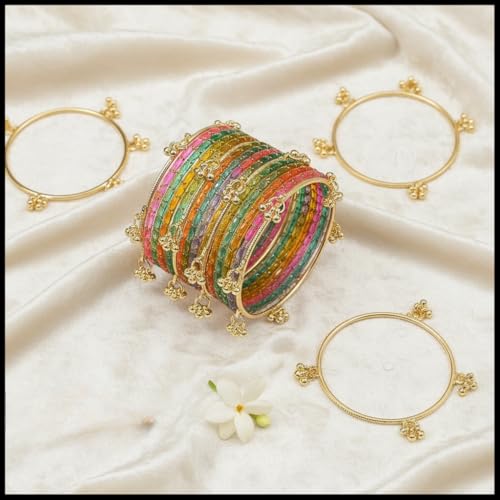 Image of Kashmiri Ghangharoo Glass Bangle Set for Women| Light Weight Bangles | Traditional Transparent Fancy Glass Chudi Set for Wedding, Party|Set Of 16(12 Glass + 4 ghungroo bangles)