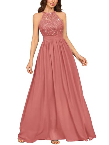 Miusol Women's Sequin Lace Sleeveless Halter Tie Formal Evening Maxi Dress (Small, Cinnamon Pink)