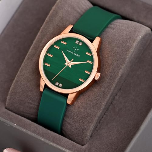 Image of CHARLIEKEEN Women's Elegant Watch with Rose Gold Case, Silicone Band, Crystal Accents, Analog Display