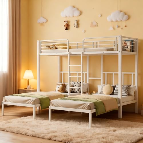 Cama infantil, cama triple, litera triple con escalera para niños y adolescentes, cama de hierro con barrera anticaídas y mesa, 90 x 200 cm x 3 (blanco)