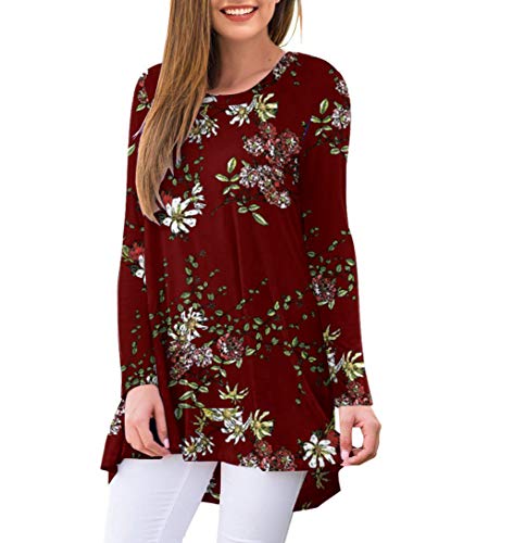 Awuliffan Women's Fall Long Sleeve Round Neck T-Shirt Tunic Tops Blouse Shirts (Flower Wine Red,Medium) #TOP1
