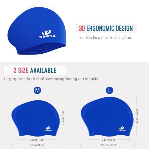 2 Pack Womens Silicone Swim Cap for Long Hair,3D Ergonomic Design Silicone Swimming Caps for Women Kids Men Adults Boys Girls with Ear Plug and Nose Clip(M)