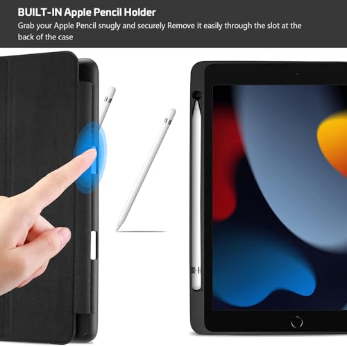 ProCase iPad 9/8/7世代 ケース ペン収納 10.2" 耐衝撃 自動スリープ機能対応 三つ折りカバー（ブラック）