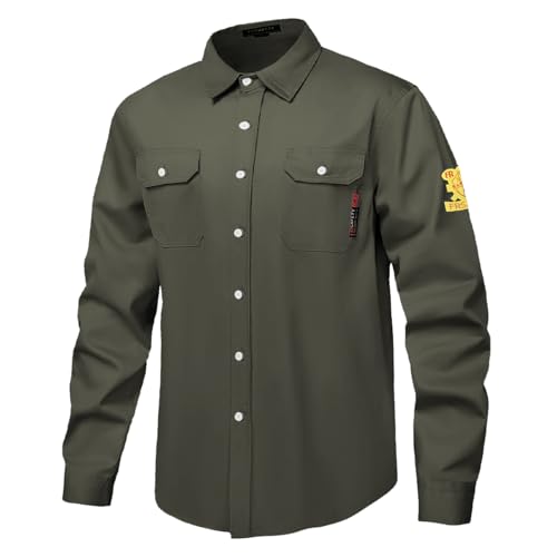 DPSAFETY FR Shirts for Men 7oz Hi Vis Fire Resistant Shirts CAT2 Welding Shirt 100% Cotton Flame Resistant Shirt Dark Green(Medium)