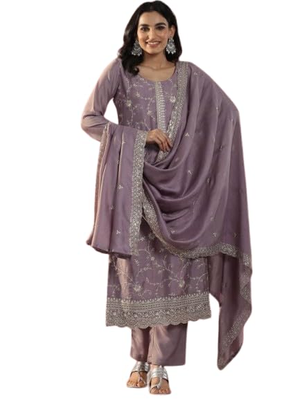 Image of Women's Mauve Embroidered Round Neck Sequinned Straight Silk Blend Kurta With Trousers & Dupatta