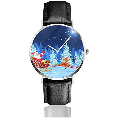Chirstmas Trineo de Papá Noel Reloj Unisex Reloj Deportivo Banda de Cuero PU Relojes de Pulsera de Acero Inoxidable de Cuarzo