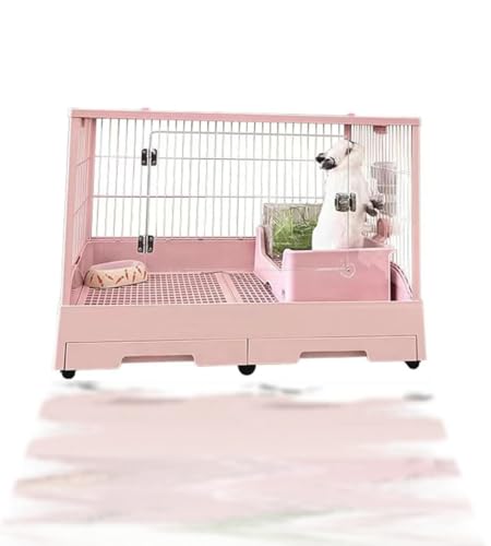 ウサギ ケージ 前面に透明アクリル近距離で対話できるうさぎ ケージ ラビットヴィラ上部はフルオープン可能 引き出しトレイ 360°ユニバーサルホイール83*55*60CM (ピンク)