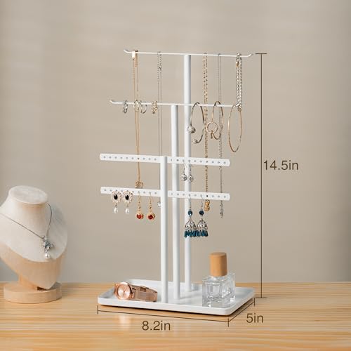 pickpiff Jewelry Stand Organizer, 14.5" Tall Sturdy Metal, 3-TierJewelry Holder for Necklace, Earring, Bracelet, Ring, Hanger for Display and Storage, Aesthetic Room Decor, White