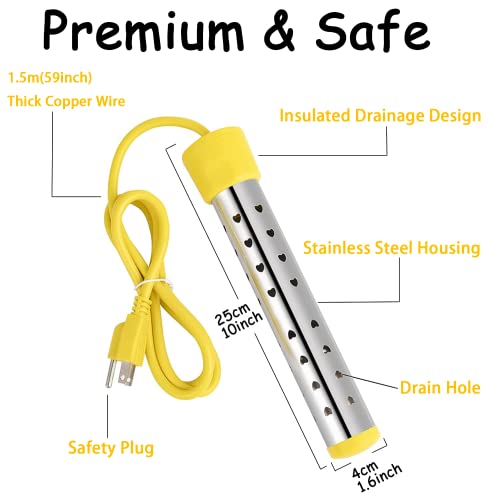 ZEGNEER Immersion Water Heater, 1500W Electric Submersible Water Heater with Stainless Steel Guard Cover, Portable Bucket Heater to Heat 5 Gallons of Water in Minutes,Yellow - Thumbnail 2