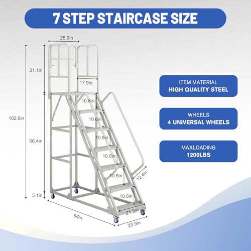 Image of 7 Step Rolling Ladder with Handrails, Industrial & Warehouse Stairs with Wheels, 1500LBs Capacity Non-Slip Platform Ladder for Garage, Library, Supermarket, 23.9 inch L X 64 inch W X 102.6 inch H