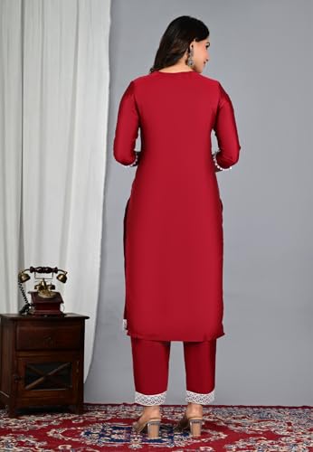 Image of Women's Silk Embroidered Kurta with Pant and Dupatta Set, Straight Style