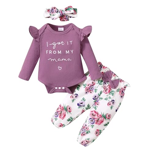 Image of OLLUISNEO Baby Girl Clothes Newborn Infant Fall Outfit Romper Winter Floral Pant Set Headband 3 Pcs Clothes for Girl
