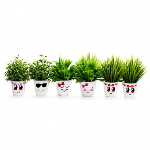 Image of Artificial Smiley Face Plant Pots with Artificial Plants | Cute Mini Flower Pots for Home Decor, Office Desk, Study Table, Living Room, Balcony | Indoor Planter Set | Pack of 6