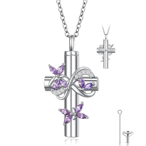 S925 Sterling Silver Butterfly Cremation Jewelry Cross Urn Necklaces for Ashes for Women Memorial Jewelry Ashes Pendant for Human Pet Infinity Ashes Holder Keepsake Necklace for Ashes of Loved Ones