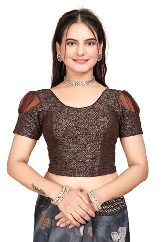 Image of SFT Women's Organza Patch Readymade Saree Blouse with Round Neck Half Sleeves Abstract Pattern Pull On Closure Regular Fit and Standard Length