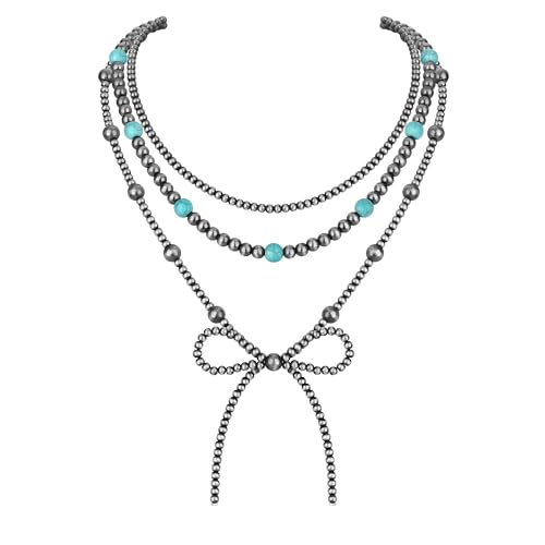 3PCS Navajo Pearl Necklace for Women Western Necklaces for Women Stackable Cowgirl Navajo Pearl Bow Necklace