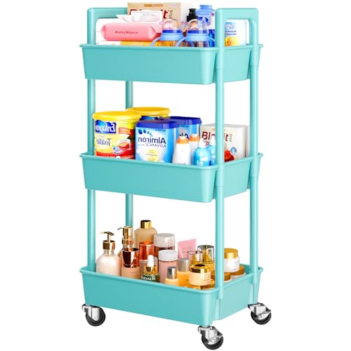 Image of Pipishell 3 Tier Rolling Cart Organizer, Plastic Rolling Cart with Lockable Wheels & Reinforced Handle, Lightweight Utility Storage Cart for Nursery, Kitchen, Craft Room, Turquoise