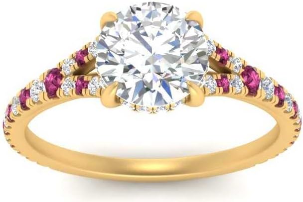 Choose Your Gemstone Round Split Halo Pave Diamond CZ Ring Yellow Gold Plated Round Shape Halo Engagement Rings Matching Jewelry Wedding Jewelry Easy to Wear Gifts US Size 4 to 12