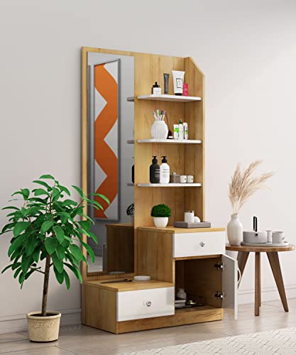 Image of Bniture Wooden Dressing Table for Bedroom with 2 Drawer, Mirror and Huge Storage Space | Long Dresser Vanity Table with Mirror (40D x 85W x 180H CM) (Giant Wood & Frosty White)