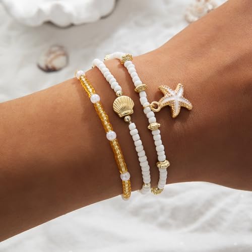Image of Ankle Bracelets for Women Waterproof Beach Jewelry for Women Elastic Beaded Anklets Boho Seashell Pearl Starfish Anklets for Women Foot Jewelry
