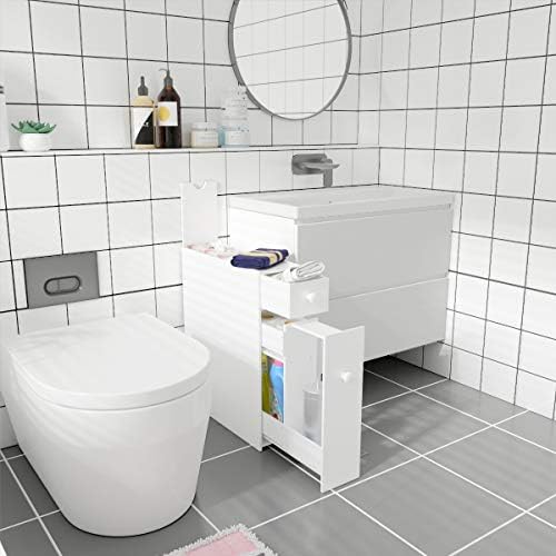 Multigot Bathroom Slim Floor Cabinet, Wooden Toilet Paper Organizer Unit with Drawers, Narrow Free Standing Cupboard (White)