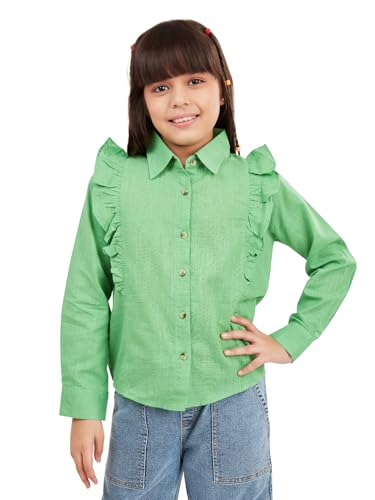 Image of olele Girls Full Sleeve Ruffles Cotton Linen Shirt - White for 4 to 14 Years | Kids Girl White Shirt | White Ruffle Shirt for Girls | Shirt Jeans