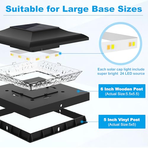 TSUNESLUX 6 Pack Solar Post Cap Lights Outdoor, 2 Modes (Warm/White Light) Black Fence Post Solar Powered Lights Waterproof for 5x5, 5.5x5.5, 6x6 Wooden/Vinyl Posts Decorate Garden Deck Patio Porch by TSUNESLUX - Image 3