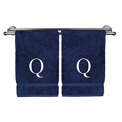 Monogrammed Hand Towel, Personalized Gift, Set of 2- White Block Letter Embroidered Towel - Extra Absorbent 100% Turkish Cotton - Soft Terry Finish - Initial Q Navy