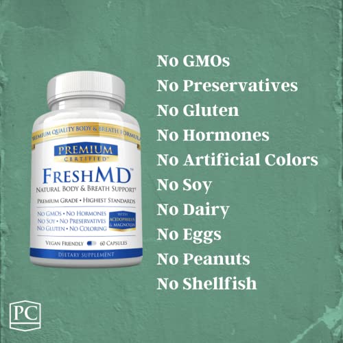 Premium Certified Freshmd- Bad Breath And Body Odor Support - 60 Capsules - All Natural & Vegan Friendly - L. Acidophilus And Chlorophyllin - Third Party Tested, Made In Usa #TOP6