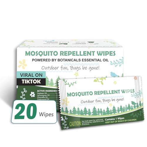 Natural Mosquito Repellent Wipes, DEET Free Insect & Bug Repellent Wipes, Easy to Use, Long Lasting, Travel Sized, 20 Packs