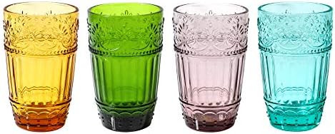 WHOLE HOUSEWARES | Vintage Glass Tumblers | Set of 4 Drinking Glasses | 11oz Embossed Design | Drinking Cups for Water, Iced Tea, Juice (Multi-Color)