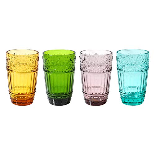 WHOLE HOUSEWARES | Vintage Glass Tumblers | Set of 4 Drinking Glasses | 11oz Embossed Design | Drinking Cups for Water, Iced Tea, Juice (Multi-Color)