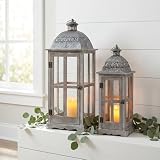 Rustic Wooden Candle Lanterns Set of 2, Farmhouse Hurricane Lantern Holders with Metal Roof, Gray Decorative Lanterns for Indoor Outdoor Home Garden Wedding Patio Decor, Large 28" & Small 22.1"