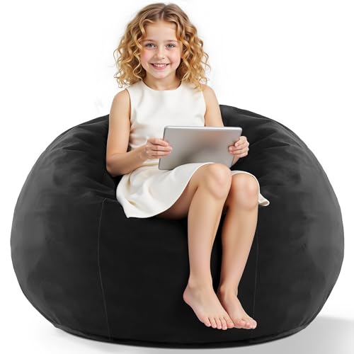 HABUTWAY 2FT Bean Bag Chair, 2' Beanbags Small Bean Bag Chairs with Filling, Teardrop Bean Bag Chair Luxurious Velvet Ultra Soft Fur with Removable Cover (Black)