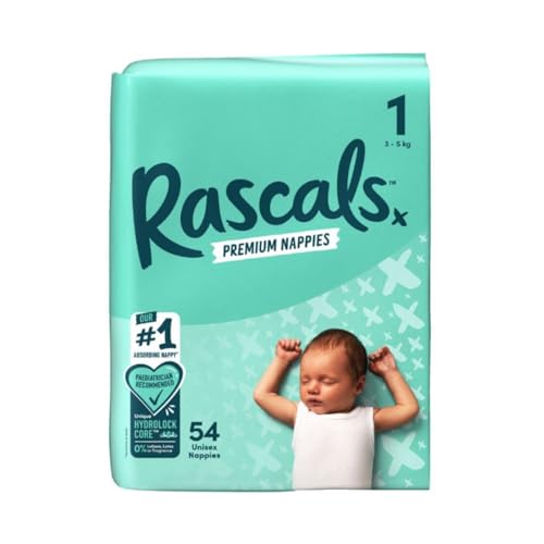Rascals Premium - Pañales para bebé, talla 1, 3-5 kg, 54 unidades