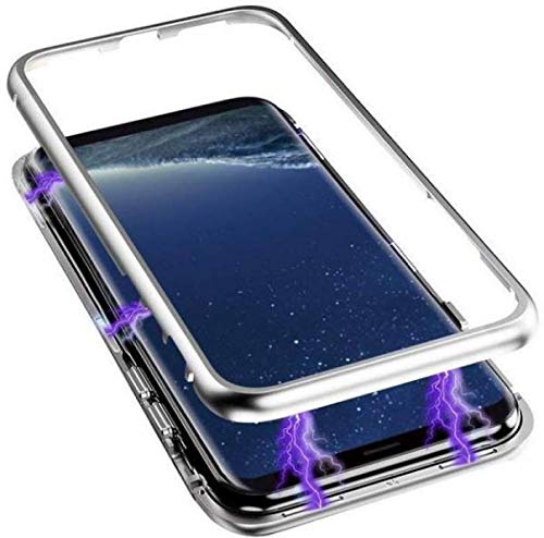 Image of The Little Shop Back Cover Case for Realme 5 Pro Magnetic Metal Frame Tempered Glass (only at The Back) with Built-in Magnets Bumper Hard Back Case (Silver)