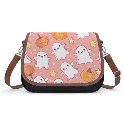 Sac en cuir rose imprimé citrouilles et étoiles fantômes avec finitions soignées et durables