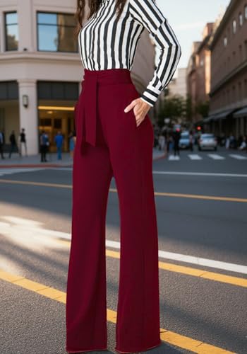 LKOUS Women Work Casual Stretchy Straight Wide Leg High Waisted Long Pants Belt,T- Wine,X-Large
