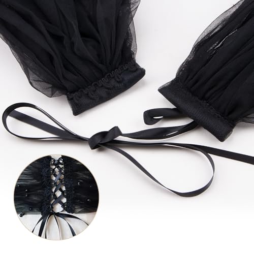 ZORZA 1Pcs Elegant Detachable Tulle Sleeves Sophisticated Black Shawl with Lace Detail Sheer Tulle Capes Cover Up for Weddings Formal Parties and Proms3