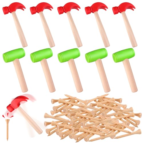 Haiabei 10Pcs Toy Hammer Set With 100Pcs Small Wooden Simulation Fake Maintenance Tools, Plastic Toddler Claw Hammer, Portable Pretend Play Mallet for Boys Girls