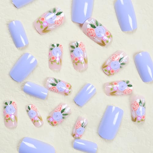 Vezocim Press on Nails Square Short Purple 24Pcs Press on Nails with Flower Designs Glossy Full Cover Acrylic Extra Short Coffin False Nails Glue ons Fingernails Artificial Fake Nails for Women
