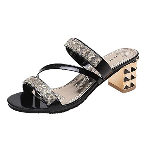 Sandales à talons carrés dorées et cristal diamant pour femmes en grande taille