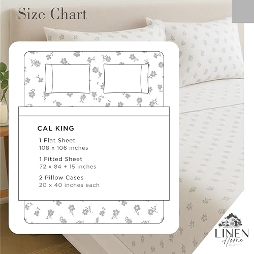 Image of Linen Home 100% Cotton Printed Percale Sheet Set California King, 4 Piece Deep Pocket Floral Bedding, Crisp Cool & Breathable, Fade-Resistant Design, Hotel Luxury, Long-Staple Cotton, Grey Silhouette